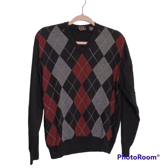 JOS A BANKS • Large Merino Wool v-neck sweater argyle long sleeve Fall men's - Picture 1 of 5
